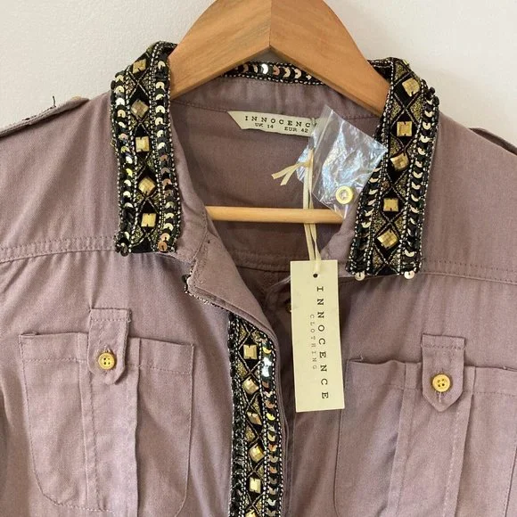 BNWT Innocence Clothing Women Dark Beige Embellished Border long Sleeve Jacket - Picture 12 of 12